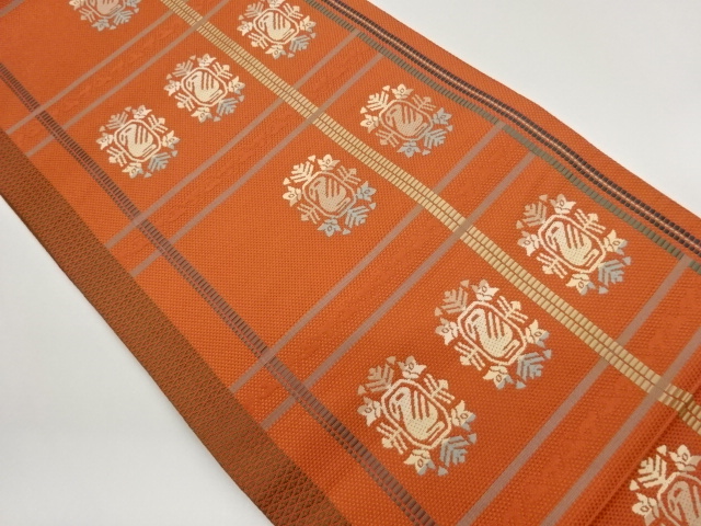 本場筑前博多格子に抽象草花模様織出し名古屋帯